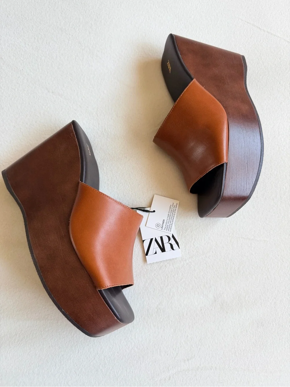 New ZARA Cognac Brown Leather Platform